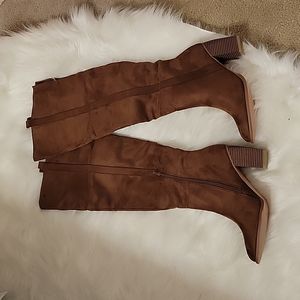 NEW Ermonn brown faux suede kneehigh side zip Chunk Heel stretch winter Size…10